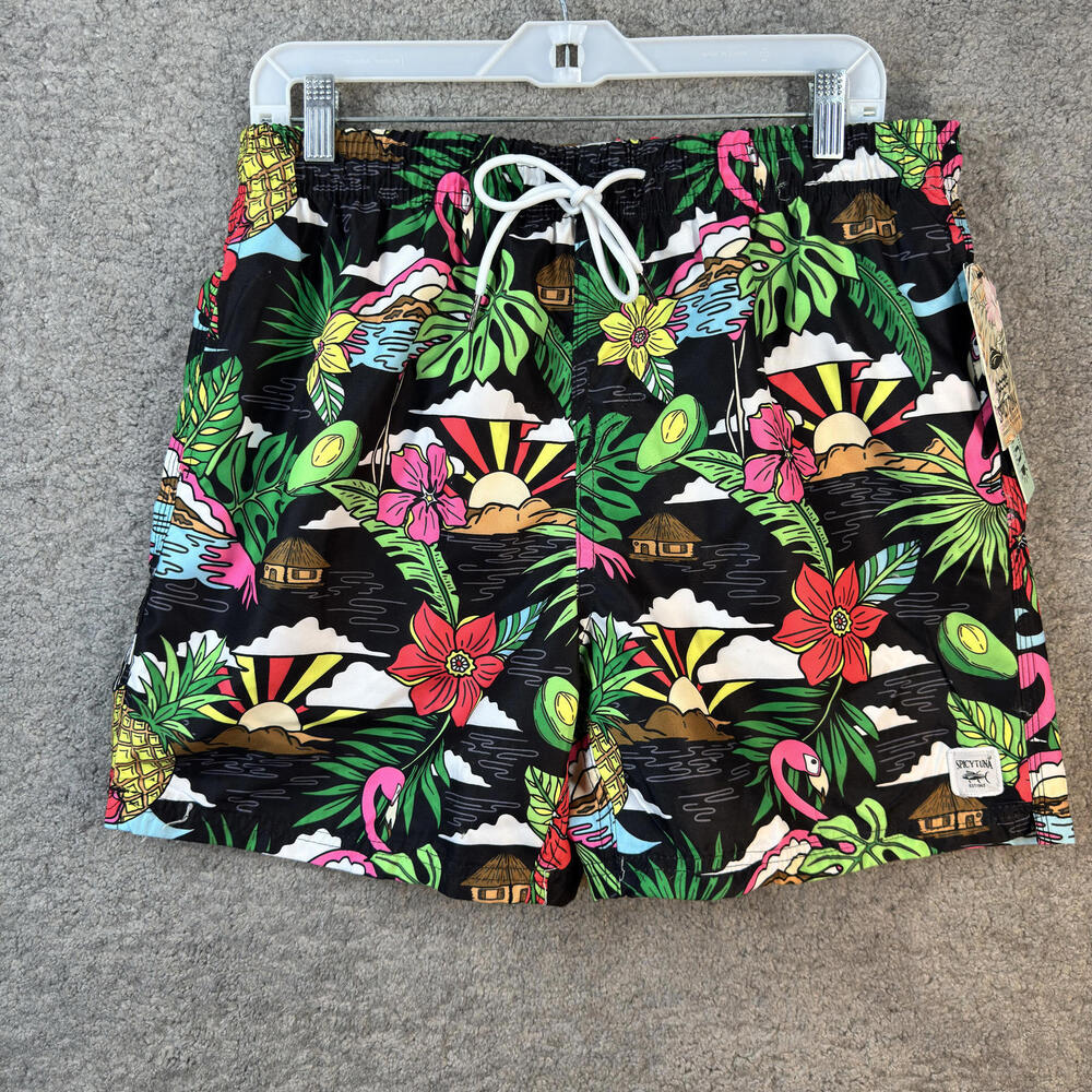 Spicy Tuna Men's Board Shorts NEW with Tropical‎ Print Flamingos Palms Large NWT